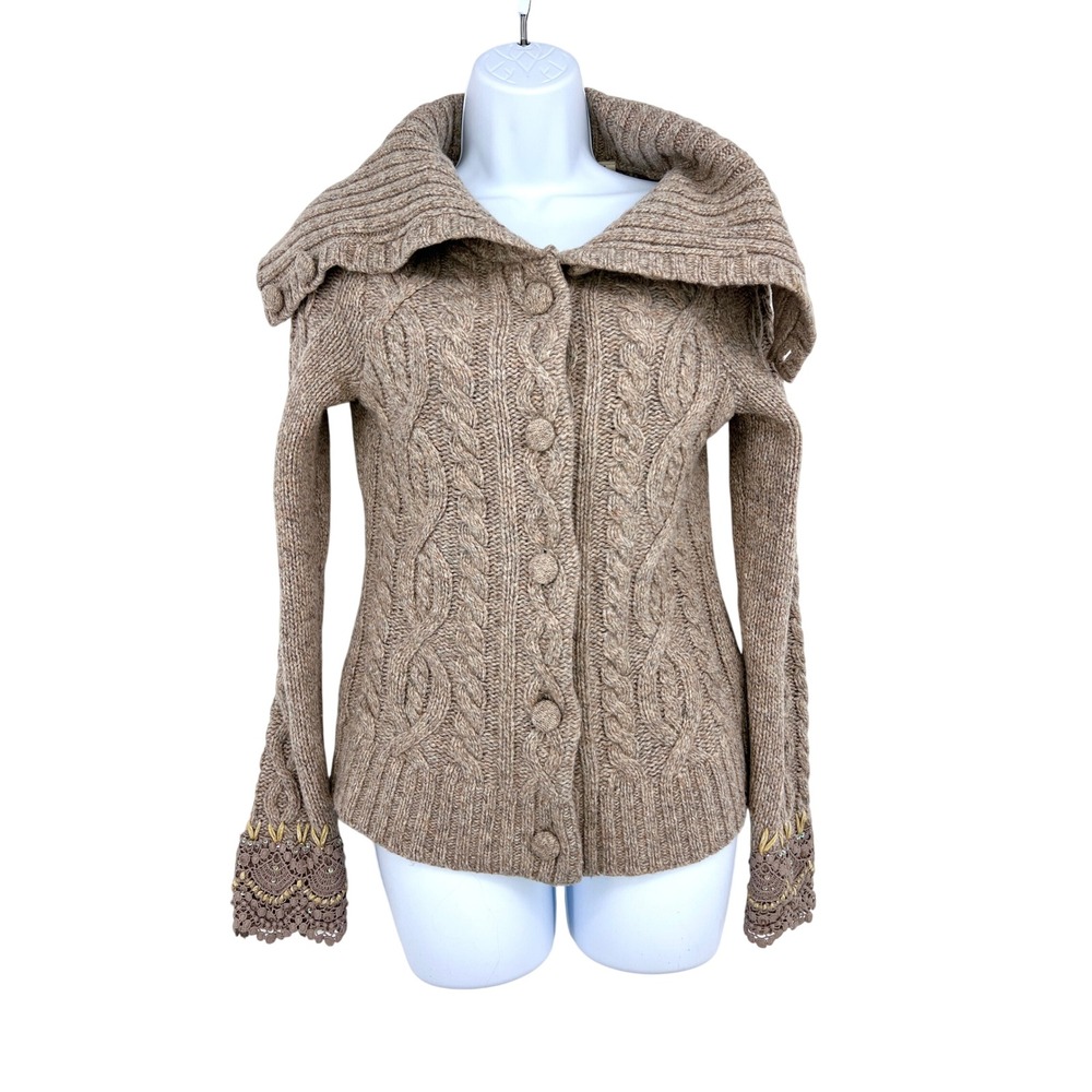 Anthropologie Sleeping on Snow Cardigan Small Cable Knit Wool Lace Embellished